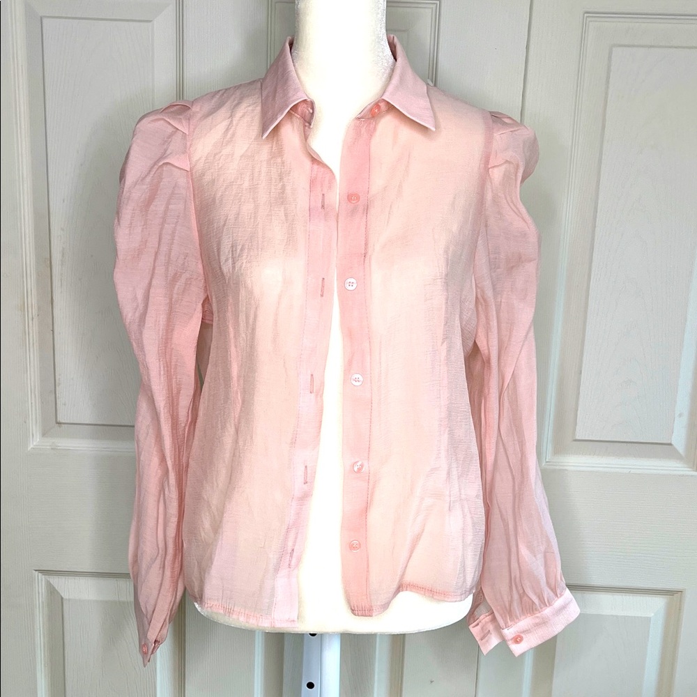 Mello Pink Semi-Sheer Puff Sleeve Button Down Blouse Size S NWT - Picture 2 of 10